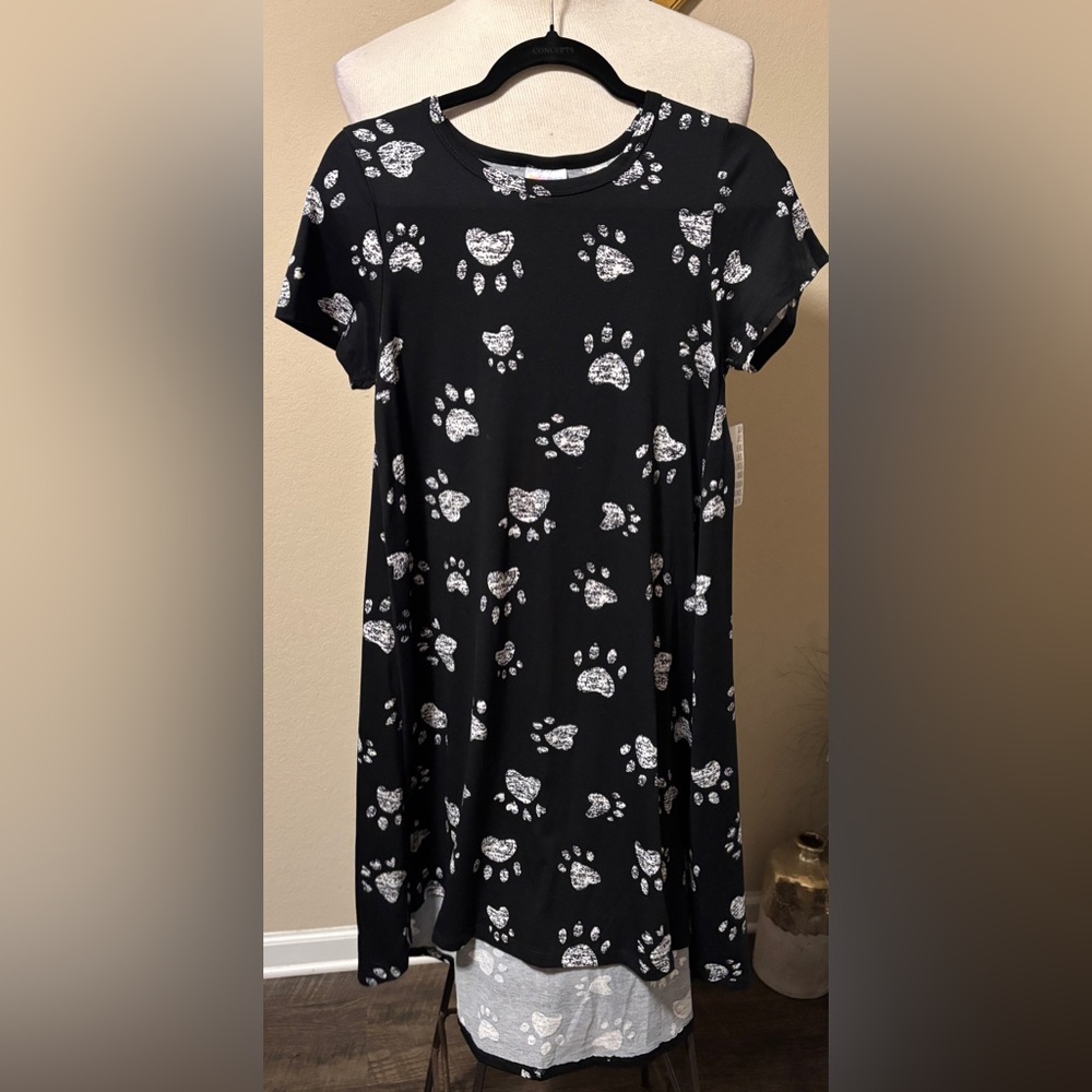 LuLaRoe Carl Swing Black Dress with White Paw Prints Size Small
